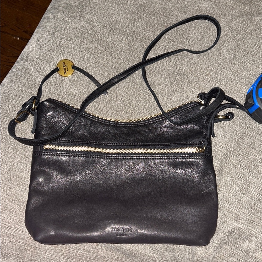 Margot New York Mary Scoop Double Zipper black leather Bag 12”W X 8”H